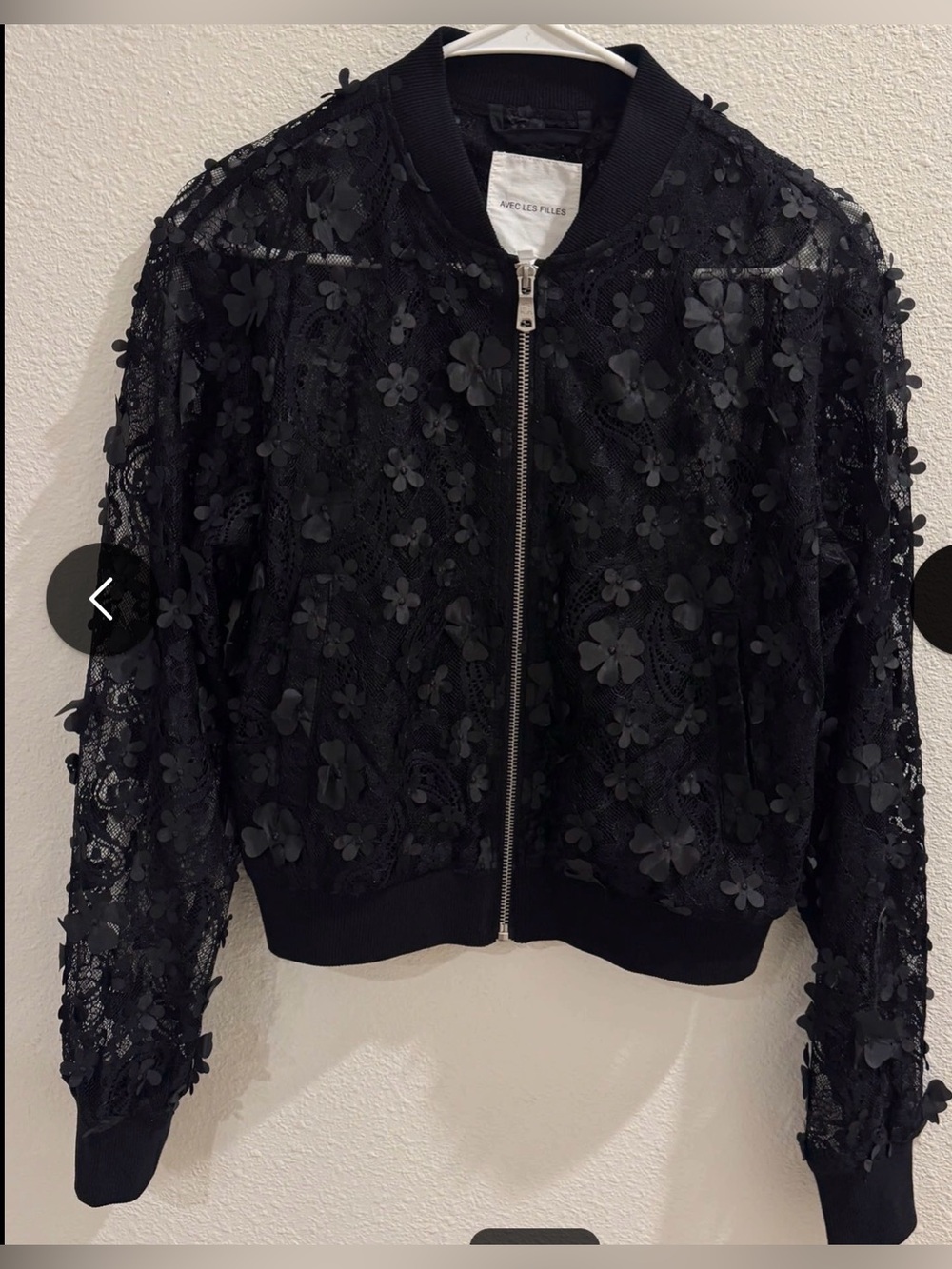 NWT Avec Les Filles Black 3D Floral Appliqué Sheer Bomber Jacket Size M - Picture 5 of 8